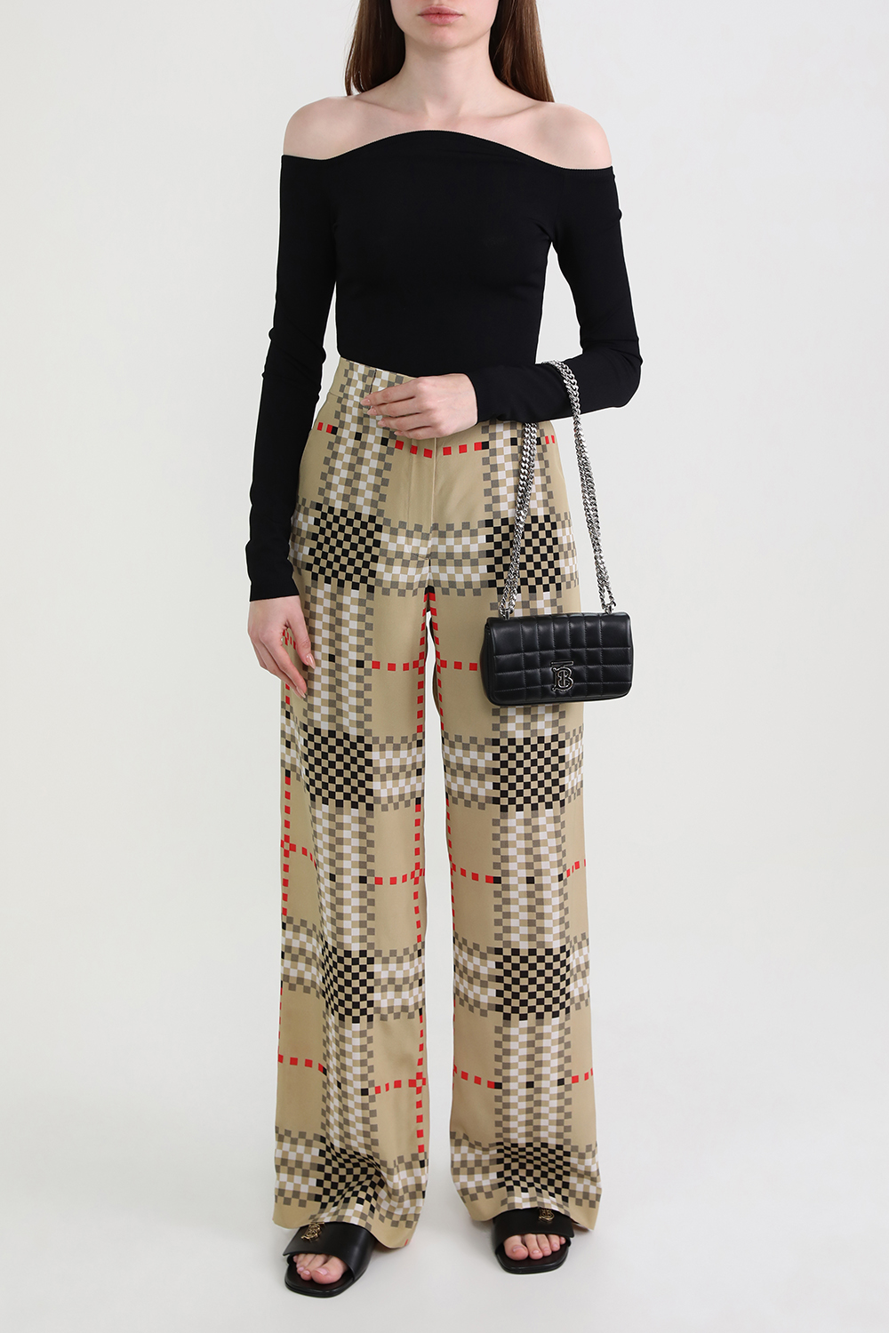 מכנסי משי ארוכים בעיצוב משבצות